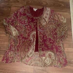 Vintage Marisol Red Paisley Print Boho Plus Size Beaded Artsy Blouse Top